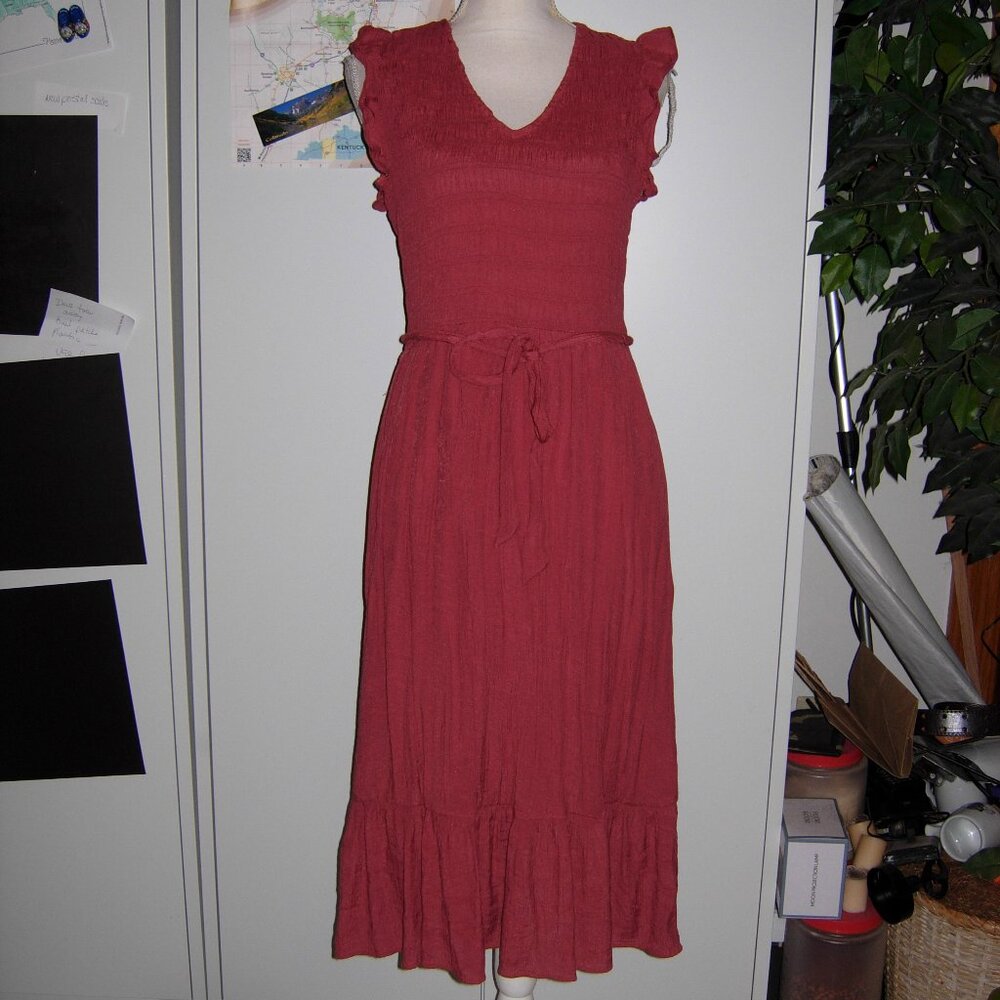 Luxology Smocked Dress Flutter Sleeves Tie Belt L